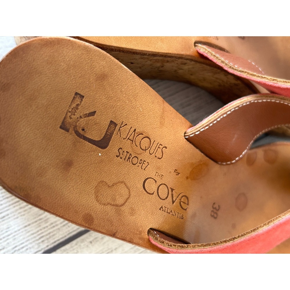 K Jacques St Tropez Diorite Sandals 8 Red Leather Cork Wedge Thong Slip On Boho - Picture 10 of 13
